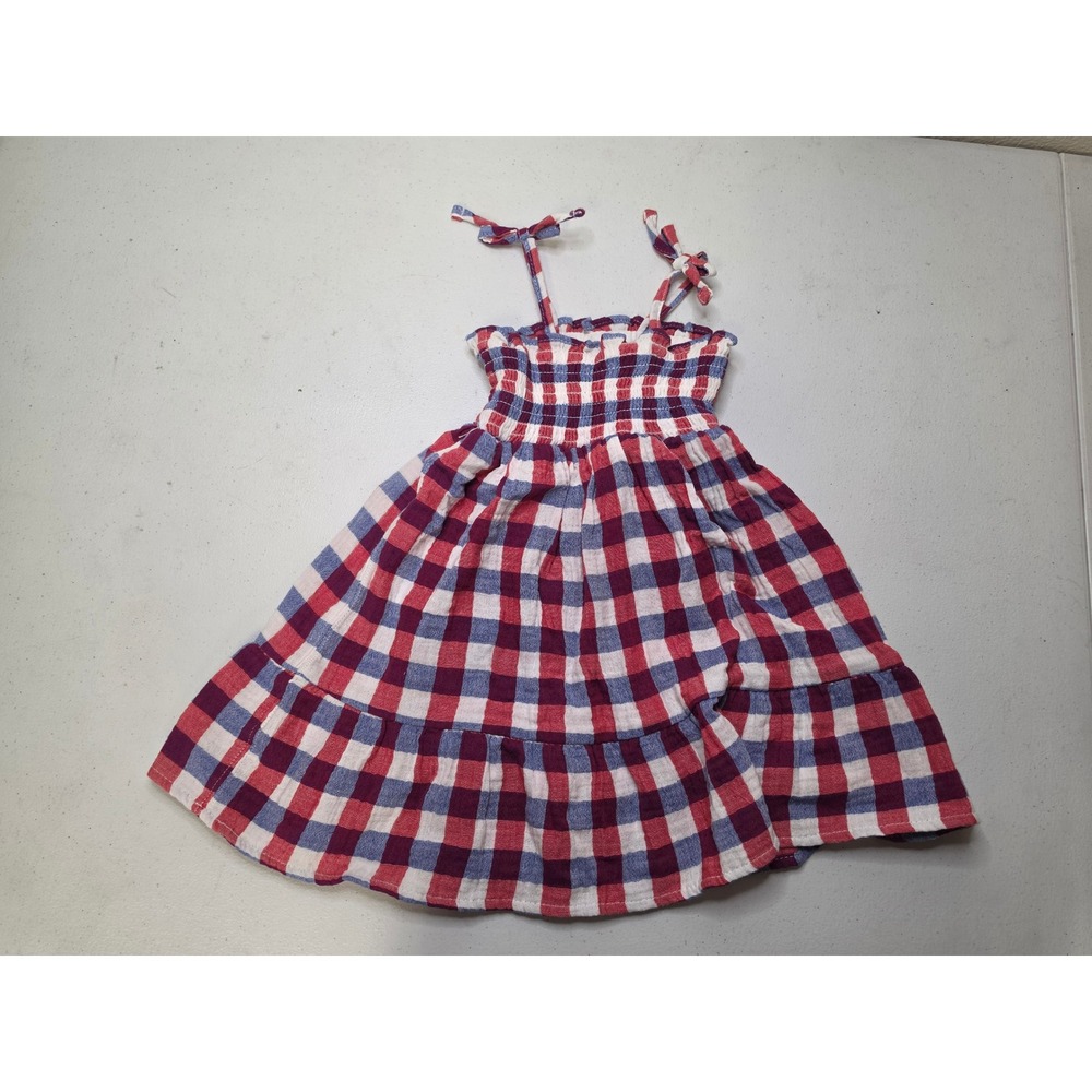 Cat & Jack Toddler Girls 2T Red White Blue Gingham Plaid Smocked Tie Strap Dress